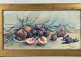 tableau représentant une nature morte avec des prunes et des prunes sur une table