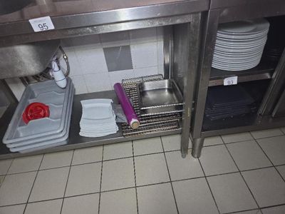 un plan de travail en acier inoxydable sur lequel sont posés de la vaisselle et des casseroles