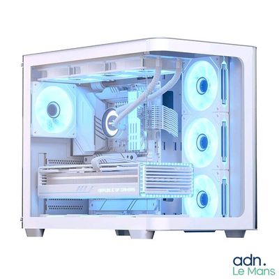 un boîtier d'ordinateur blanc orné de lumières bleues