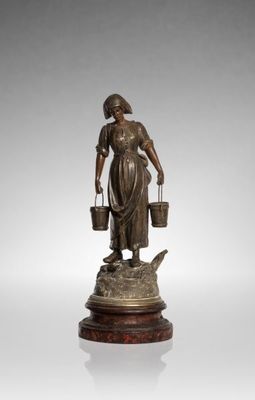 a bronze figure of a woman with buckets on a pedestal