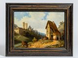 an oil painting of a farm scene with a castle in the background