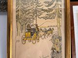 two framed pictures of a horse drawn carriage and a picture of a horse drawn carriage