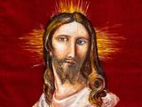 a painting of jesus with a crown on his head on a red background