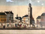 a painting of a clock tower in the middle of a town