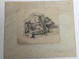 an old drawing of a man kneeling down with a hat on his head