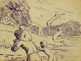 dessin représentant un groupe de personnes jouant au baseball dans un champ