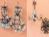 two pictures of a chandelier hanging on the wall