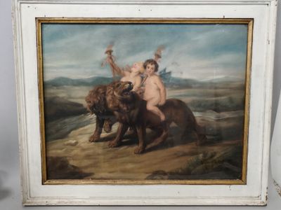 une peinture à l'huile représentant une femme nue chevauchant un lion et un homme à cheval