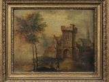 un vieux tableau représentant un château, avec un cheval et une calèche au premier plan