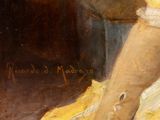 an oil painting of a woman in a yellow dress with her feet on a table