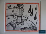 dessin représentant une main tenant un robinet au-dessus d'un globe terrestre