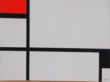 an abstract painting with red, black, and white squares on a beige background