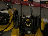Trois tondeuses à gazon sont alignées les unes à côté des autres dans un garage