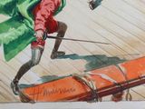 a painting of a man in a green coat and red pants on a boat