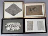 four framed pictures of people and a dog in a room