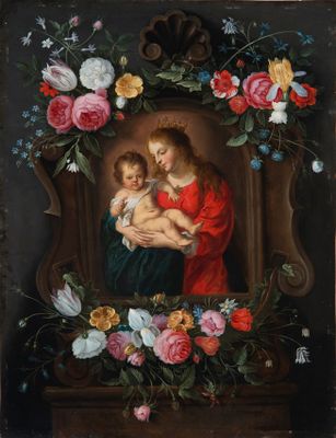une image représentant un tableau où l'on voit une femme tenant un bébé et des fleurs