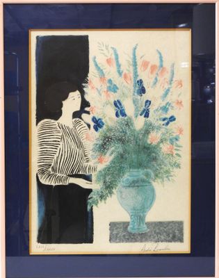 tableau représentant une femme debout devant un vase de fleurs