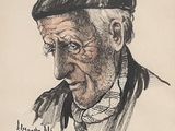 drawing of an old man with a hat and tie smoking a pipe