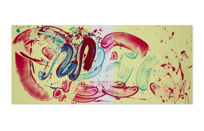 peinture représentant le mot « amour » sur un fond jaune, réalisée à la peinture rouge et bleue