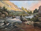 a painting of a river with rocks in it