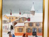 un tableau représentant un groupe de personnes marchant dans la neige
