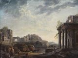 painting of a landscape with ruins and people in the foreground