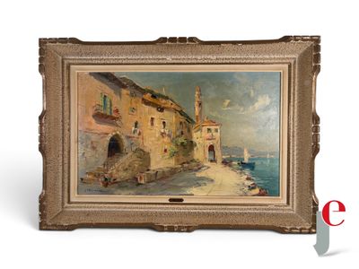 une peinture à l'huile représentant un village au bord de la mer avec un bateau dans l'eau