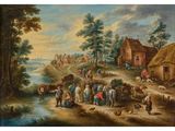 an oil painting of a farm scene with people and animals by a river