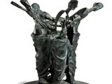 a bronze statue of a group of people holding baseball bats