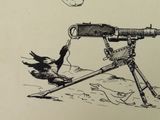 drawing of a bird sitting on a tripod with a machine gun