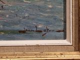 a picture of a painting of a boat in the water