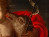 an image of a painting of a child holding a goat