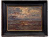 an oil painting of a landscape with clouds in the sky