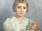 painting of a young girl holding a doll in a red dress