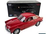 red model car in front of a black box on a white background