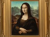 a painting of a woman in a gold frame with mountains in the background