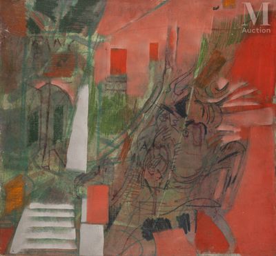 an image of a painting of a man on a horse in front of a building