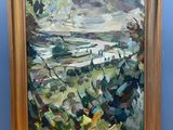 une peinture représentant une peinture d'un paysage avec des arbres au premier plan