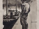 drawing of a man standing on a dock next to a boat