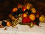 a painting of a bowl of fruit on a table