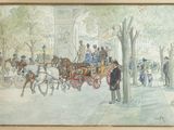 a painting of a horse drawn carriage on a city street