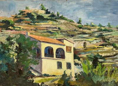 an oil painting of a yellow house on a hill with a blue sky in the background