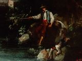 a painting of a man sitting on a rock by the water