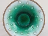 a green and white plate with water droplets on it