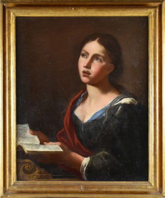 un tableau représentant une femme en train de lire un livre, dans un cadre doré