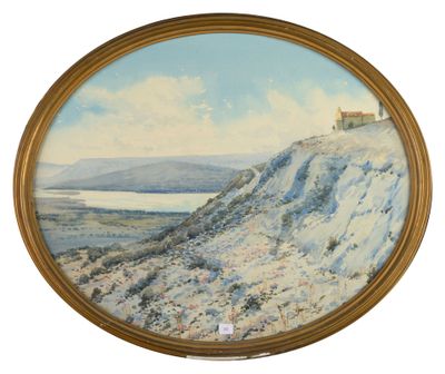 une image représentant un tableau d'une montagne surmontée d'une maison