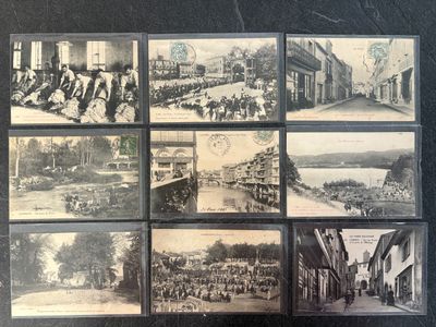 several old black and white photographs of people and buildings