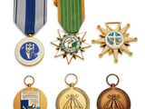 un assortiment de médailles et des médailles sont exposées sur une surface blanche