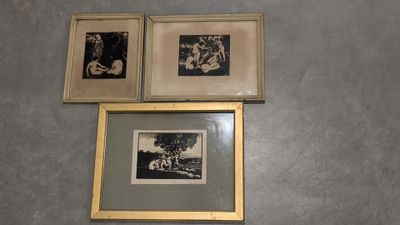 three framed pictures on the wall of a bathroom