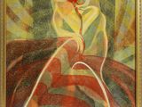 an oil painting of a woman in a red and yellow dress